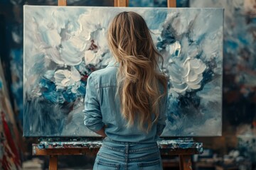 Aufkleber - An artist working on a dynamic abstract painting dominated by blue shades, symbolizing movement and emotion in a lively and creative studio environment.