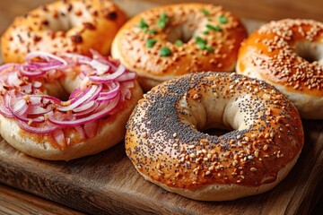 Poster - Assorted bagels sit neatly on a wooden cutting board, perfect for a bakery display or food photography