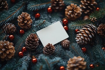 Poster - A decorative white card surrounded by natural elements, featuring pine cones and red berries