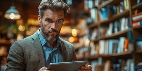 Poster - A person using a tablet computer in a quiet library setting, possibly for research or learning