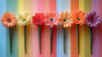 Poster - Colorful flowers arranged on top of a striped wall, perfect for decoration or illustration
