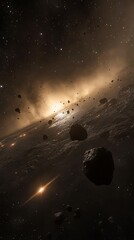 Wall Mural - Space scene with asteroids and a star, featuring cosmic dust and distant city lights