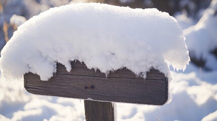 Poster - A wooden sign covered in snow next to a forest, suitable for winter or outdoor-themed projects