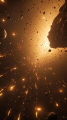 Wall Mural - Cosmic Landscape of Asteroids and Lights Streaks in Deep Space With Golden Light