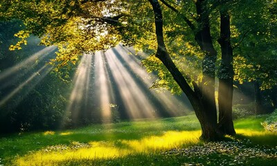 Wall Mural - Tranquil sunlight streaming through lush trees illuminating a peaceful meadow with wildflowers during a serene morning in a vibrant forest setting