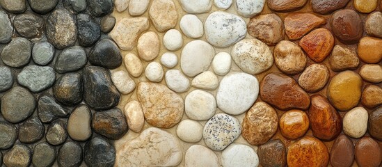 Poster - Textured stone wall with decorative warm-toned pebbles ideal for interior design and landscaping projects showcasing natural aesthetics