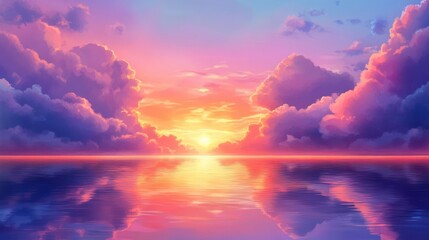 Poster - Tranquil sunset scene with vibrant clouds reflecting in calm sea water creating a serene and picturesque ambiance.