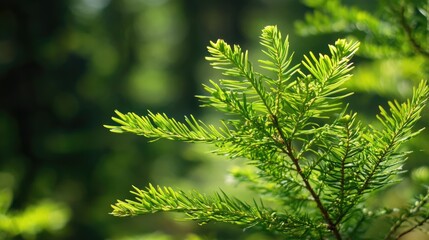 Poster - Bald Cypress Tree Branch with Vibrant Green Foliage in Natural Light Ideal for Nature and Botany Themes