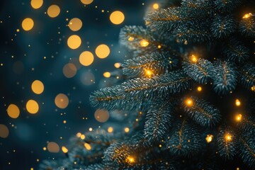 Poster - Close-up shot of a decorated Christmas tree with lights, ideal for holiday promotions and decorations
