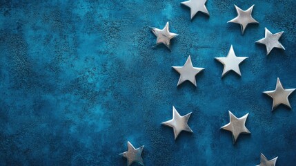 Fototapete - Silver stars scattered on a textured blue background creating an elegant and calming abstract design suitable for various creative projects
