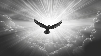 Poster - Majestic black and white image of sunlight streaming through clouds with a silhouetted bird in flight creating a serene atmosphere and ample space
