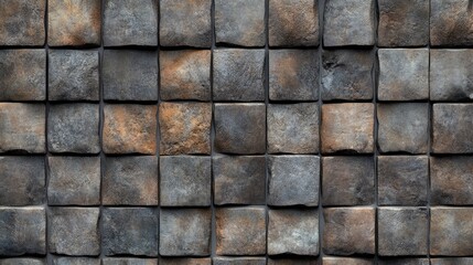 Poster - Seamless texture of weathered square stone tiles arranged in a grid pattern suitable for backgrounds and design applications.