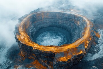 Poster - A large crater on the side of a mountain with rocky terrain and vegetation