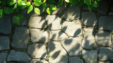 Poster - Shadows of a leafy branch gracefully cast on a textured stone sidewalk creating a serene outdoor ambiance.