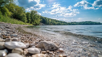 Poster - Serene summer lake shore with pebbles and lush greenery under a vibrant blue sky and fluffy clouds