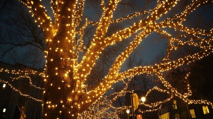 Poster - Nighttime street scene featuring a tree adorned with glowing fairy lights creating a warm festive atmosphere
