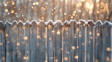 Poster - Snowy Bokeh Background with Wooden Fence and Frosted Birch Trees Illuminated by Golden Sunset Rays