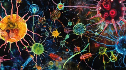 Poster - Vibrant Abstract Microbial Ecosystem Illustrating Colorful Brain Microbiota Interactions with Neural and Immune Systems on Dark Background with Copy Space