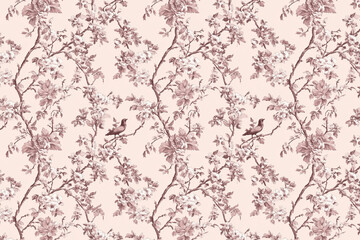 Poster - Floral Toile Tapestry Pattern. Vintage botanical wallpaper pattern. Background image. Created with Generative AI technology