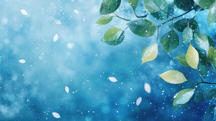 Poster - Snowflakes gently falling on vibrant spring leaves against a tranquil blue background creating a serene seasonal contrast.