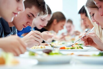 Poster - A group of people enjoying a meal together, perfect for depicting social gatherings or family dinner scenes