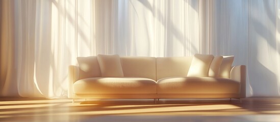 Poster - Stylish contemporary living room with a sunlit sofa and sheer curtains creating a warm and inviting home decor atmosphere