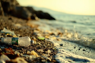 Poster - Water bottle sitting on rocky beach, perfect for outdoor scenes or as a prop