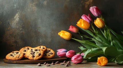 Poster - Colorful tulip flowers and homemade chocolate chip cookies still life arrangement on rustic background. Perfect for spring-themed designs.