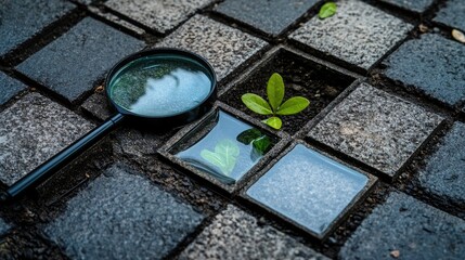 Poster - Nature's resilience captured through a magnifying glass highlighting a plant among decorative stone tiles in a textured landscape setting.