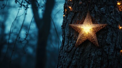 Poster - Glittering star decoration on rustic tree trunk illuminated by warm fairy lights in a serene twilight forest setting