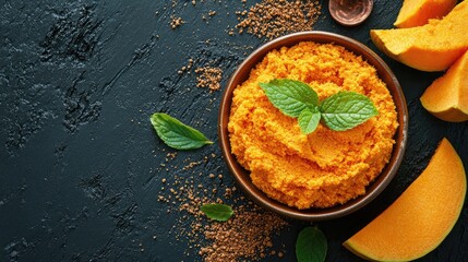 Aufkleber - Rich orange pumpkin puree in a dark bowl on a textured black surface, surrounded by fresh mint leaves and golden sugar, capturing autumn botanical aesthetics.