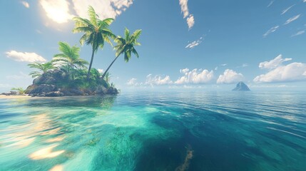 Aufkleber - Serene tropical island with clear turquoise waters and lush palm trees under a bright sky ideal for vacation and travel imagery