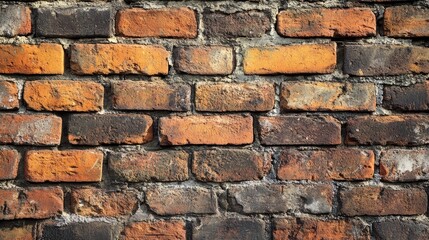 Poster - Weathered vintage brick wall texture with orange and dark brown bricks, showcasing historical architecture and rustic charm.