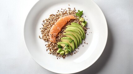 Aufkleber - Trout flakes and avocado slices served on a white plate with quinoa creating a healthy and visually appealing meal presentation.