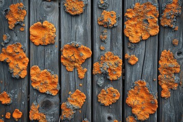 Poster - Close-up of a wooden surface covered in vibrant orange lichens