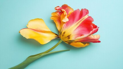 Poster - Vibrant close-up of a yellow and red tulip against a pastel blue background showcasing the beauty of nature's colorful blooms.