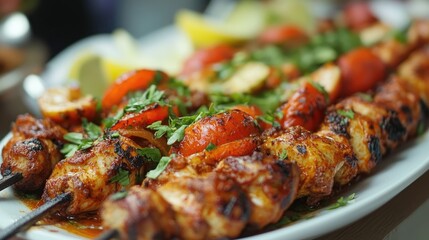 Poster - Turkish homemade kebabs with fresh vegetables and herbs on a platter showcasing healthy and traditional culinary delights