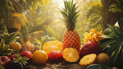 Poster - Tropical fruits arranged beautifully in a lush jungle setting with sunlight filtering through the foliage creating a vibrant atmosphere