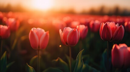 Poster - Sunset over vibrant tulip flower fields in spring showcasing blooming pink tulips and a warm golden glow of the sun.