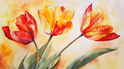 Leinwandbilder - Vibrant red and yellow tulips blooming against a soft golden background capturing the essence of spring and natural beauty.