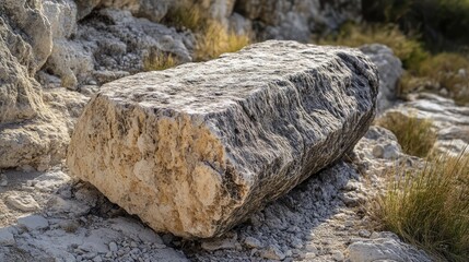 Poster - Limestone trunk on a gravel road surrounded by natural vegetation in a scenic outdoor environment