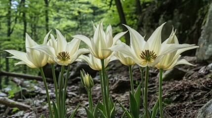 Poster - Elegant Tulipa batalinii flowers in a lush green forest setting showcasing their unique shape and delicate cream color.