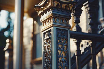 Aufkleber - A close-up shot of a metal railing with a building in the background, perfect for use in architectural or interior design projects