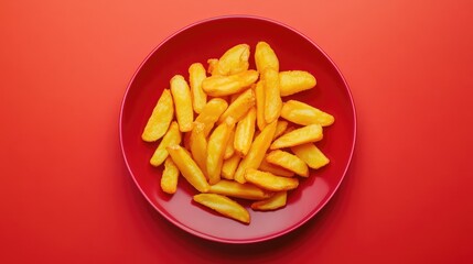 Poster - Red Plate of Golden Fried Potatoes on Vibrant Red Background Gourmet Comfort Food Top View Photography