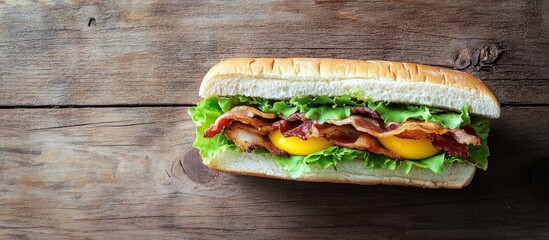 Poster - Delicious breakfast sandwich featuring crispy bacon, fresh lettuce, and a perfectly cooked egg, positioned on a rustic wooden table with ample empty space for text.