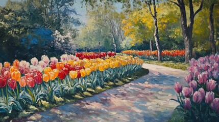 Poster - Vibrant Tulip Garden Along Scenic Pathway Surrounded by Lush Greenery in Springtime Serenity