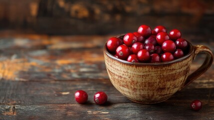 Poster - Turkey berries in rustic cup on wooden table showcasing vibrant red colors and natural textures. Perfect for food photography themes.