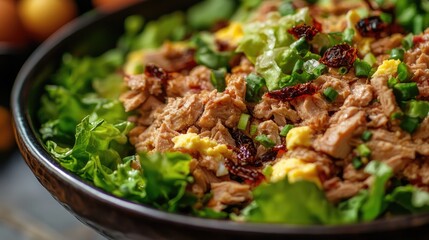 Aufkleber - Refreshing tuna salad with fresh lettuce, eggs, and sun-dried tomatoes ideal for healthy meals and summer gatherings
