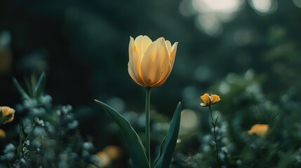 Fototapete - Yellow tulip flowers blooming in spring garden with soft focus and lush greenery in the background showcasing nature's beauty and tranquility