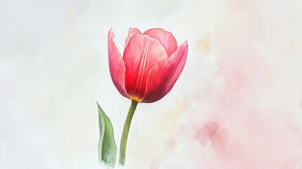 Poster - Delicate pink tulip watercolor painting with soft background showcasing artistic floral beauty and elegance.